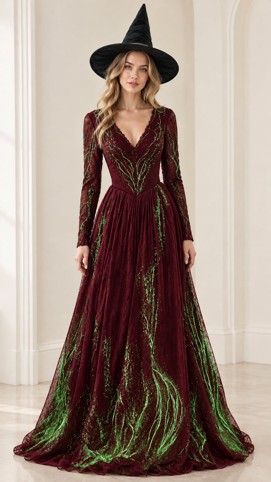 Front view of model wearing burgundy wine red glitter branch maxi evening dress with matching hat
