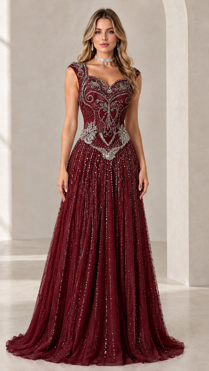 Front full-length view of Burgundy beaded basque waist evening gown