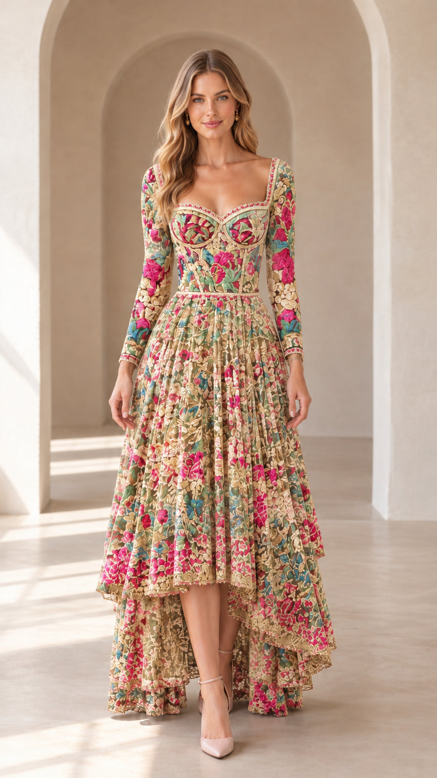 Front full-length view of champagne gold floral embroidered high-low evening dress on model