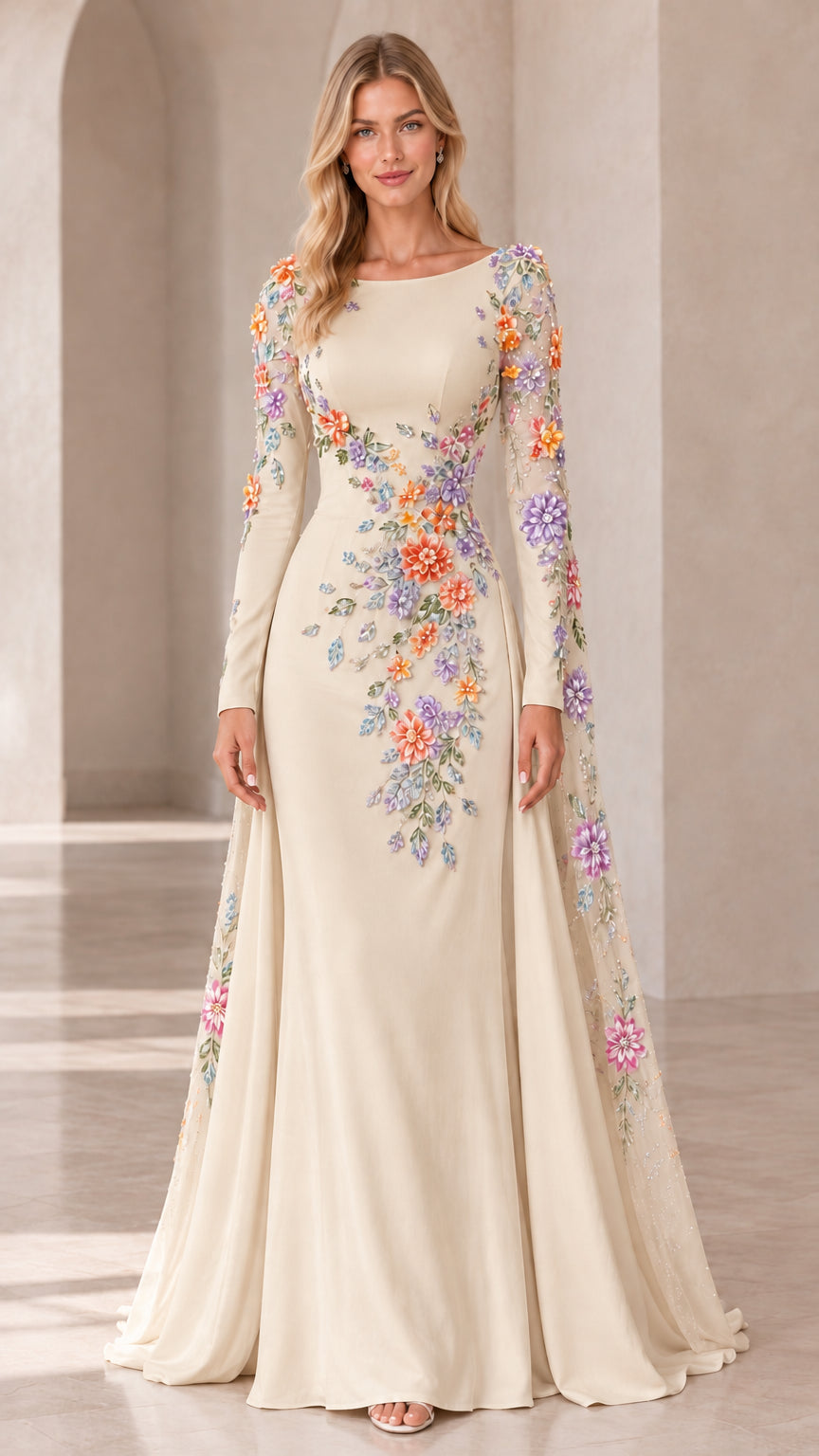 Full front view of champagne cream evening gown featuring 3D floral embellishments and cape sleeve