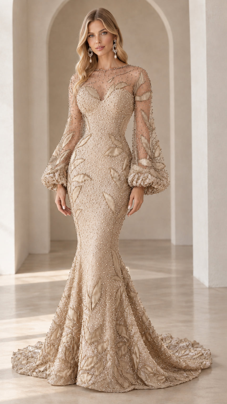 Front view of champagne gold beaded mermaid evening gown with leaf appliqués and floor-length skirt