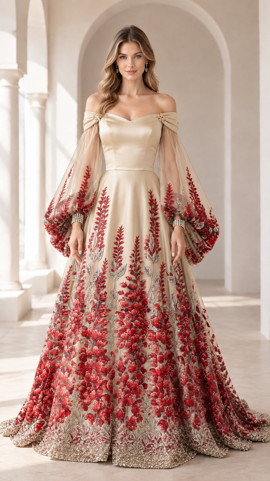 Full-length view of champagne gold off-shoulder evening gown with vibrant red floral embroidery