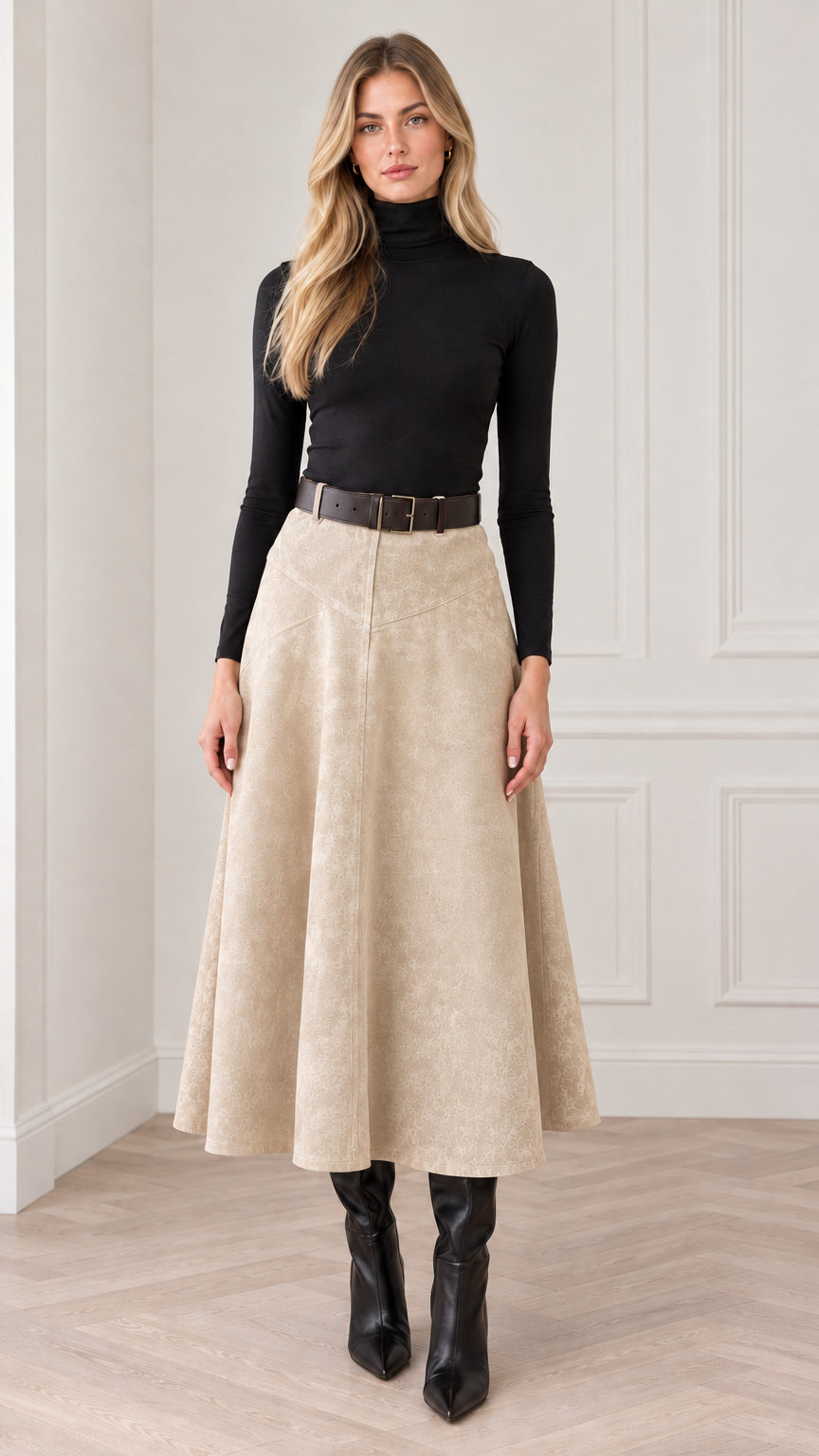 Model wearing beige suede-touch A-line midi skirt with black turtleneck and belt