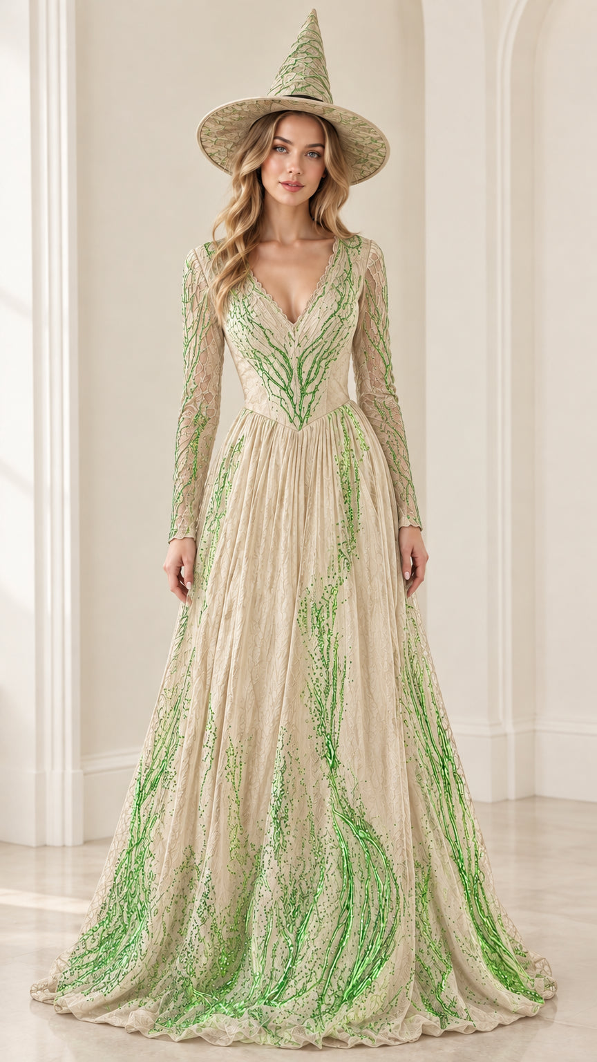 Front view of model wearing champagne beige glitter embroidered A-line evening gown with matching hat