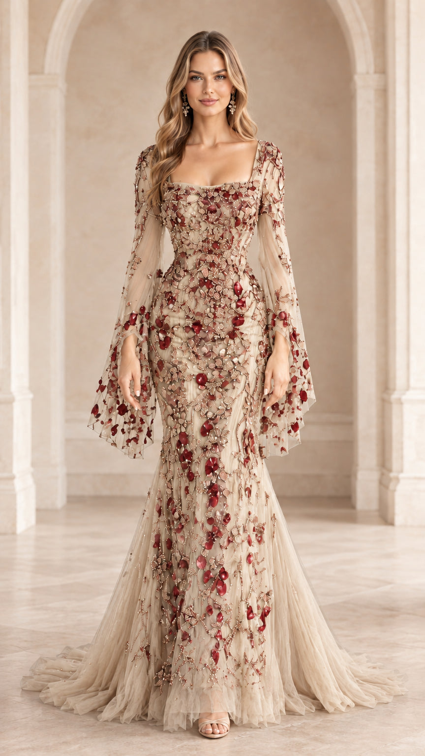 Champagne beige floral embroidered mermaid evening gown with flared bell sleeves