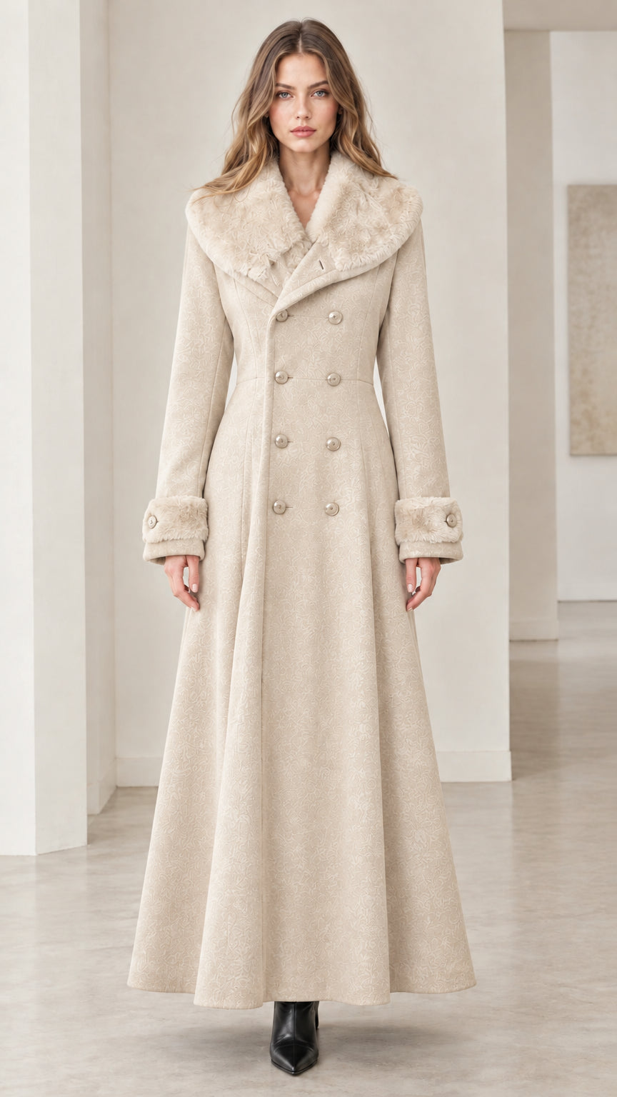 Full-length front view of women's cream double-breasted maxi coat with matching faux-fur trim