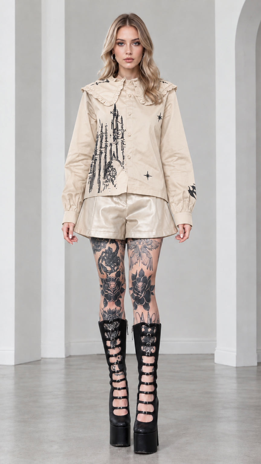 Full front view of model wearing beige khaki gothic castle print ruffled collar blouse