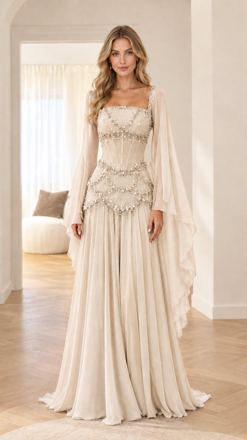Front view of model wearing champagne ivory embellished corset gown with draped wing sleeves