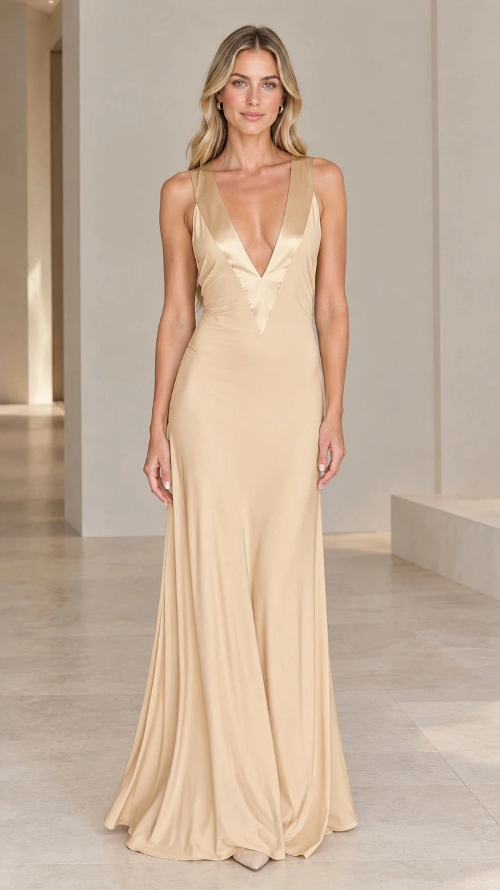 Front view of model wearing champagne gold sleeveless V-neck formal maxi dress