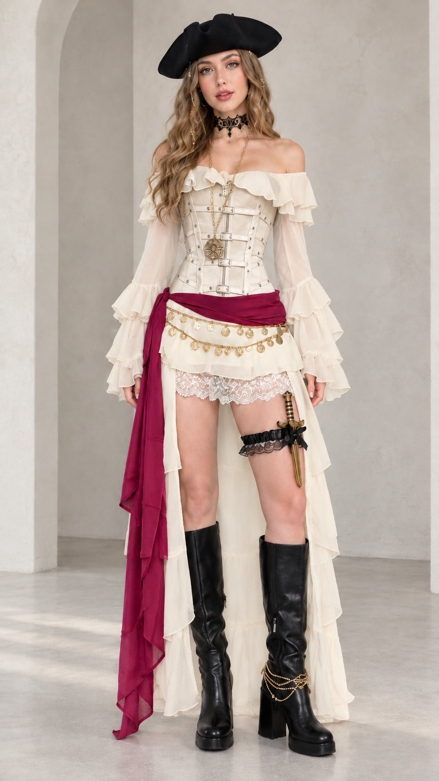 Full front view of cream corset pirate costume set with contrasting burgundy sash and off-shoulder neckline