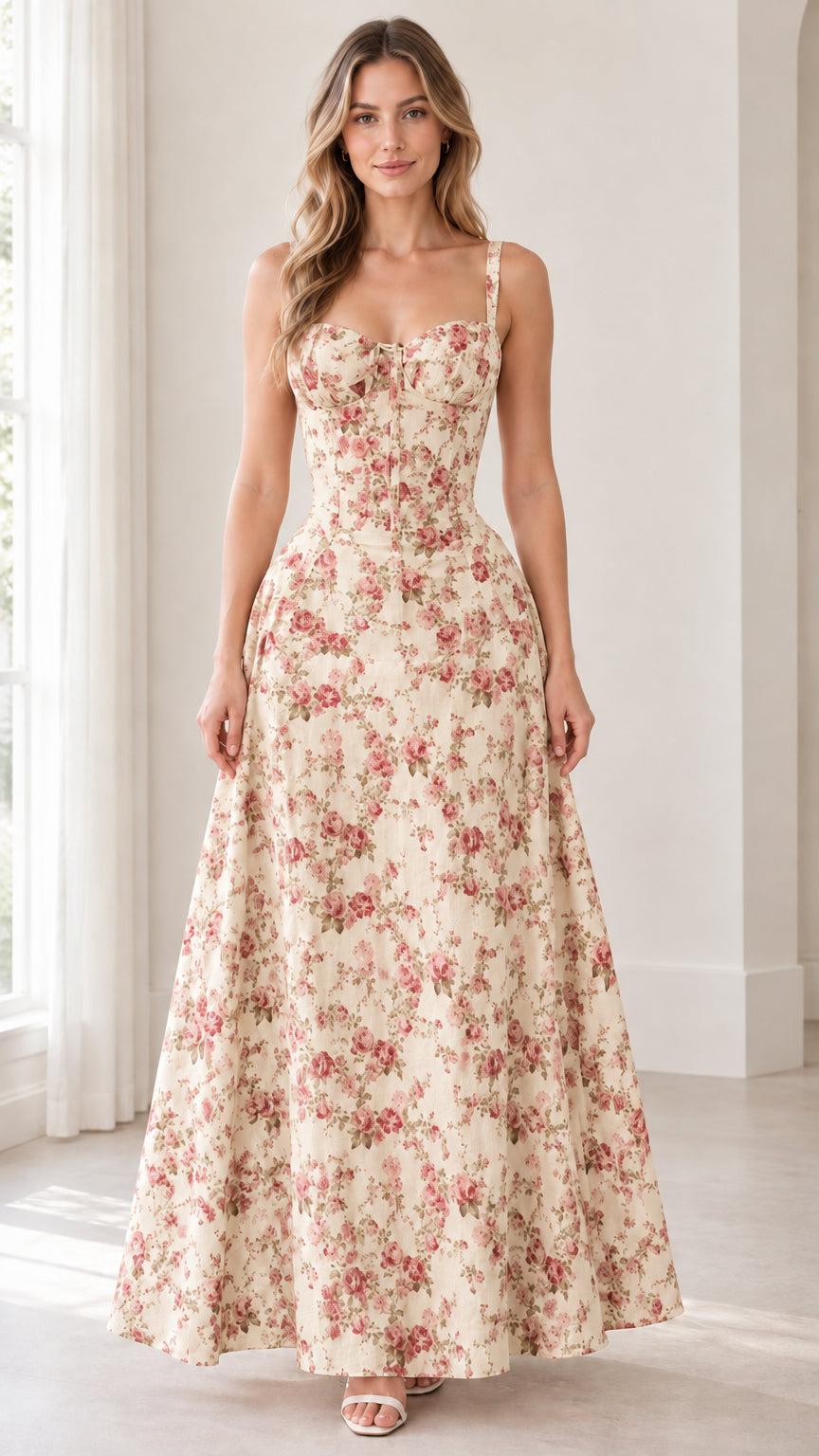 Front view of model wearing cream floral print corset maxi dress
