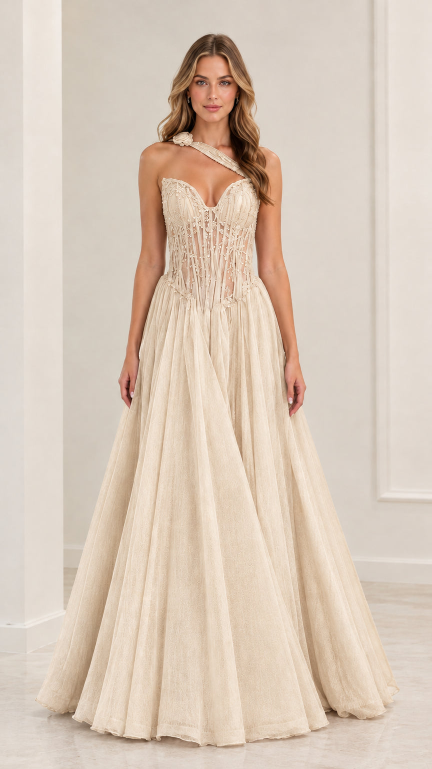 Champagne gold one-shoulder corset bodice tulle formal dress