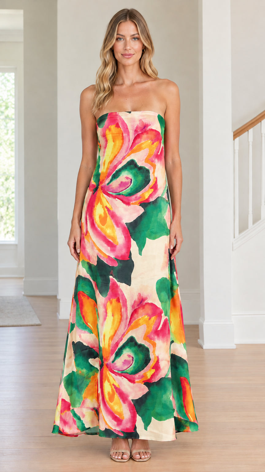 Front view of model wearing Cream strapless floral print maxi dress