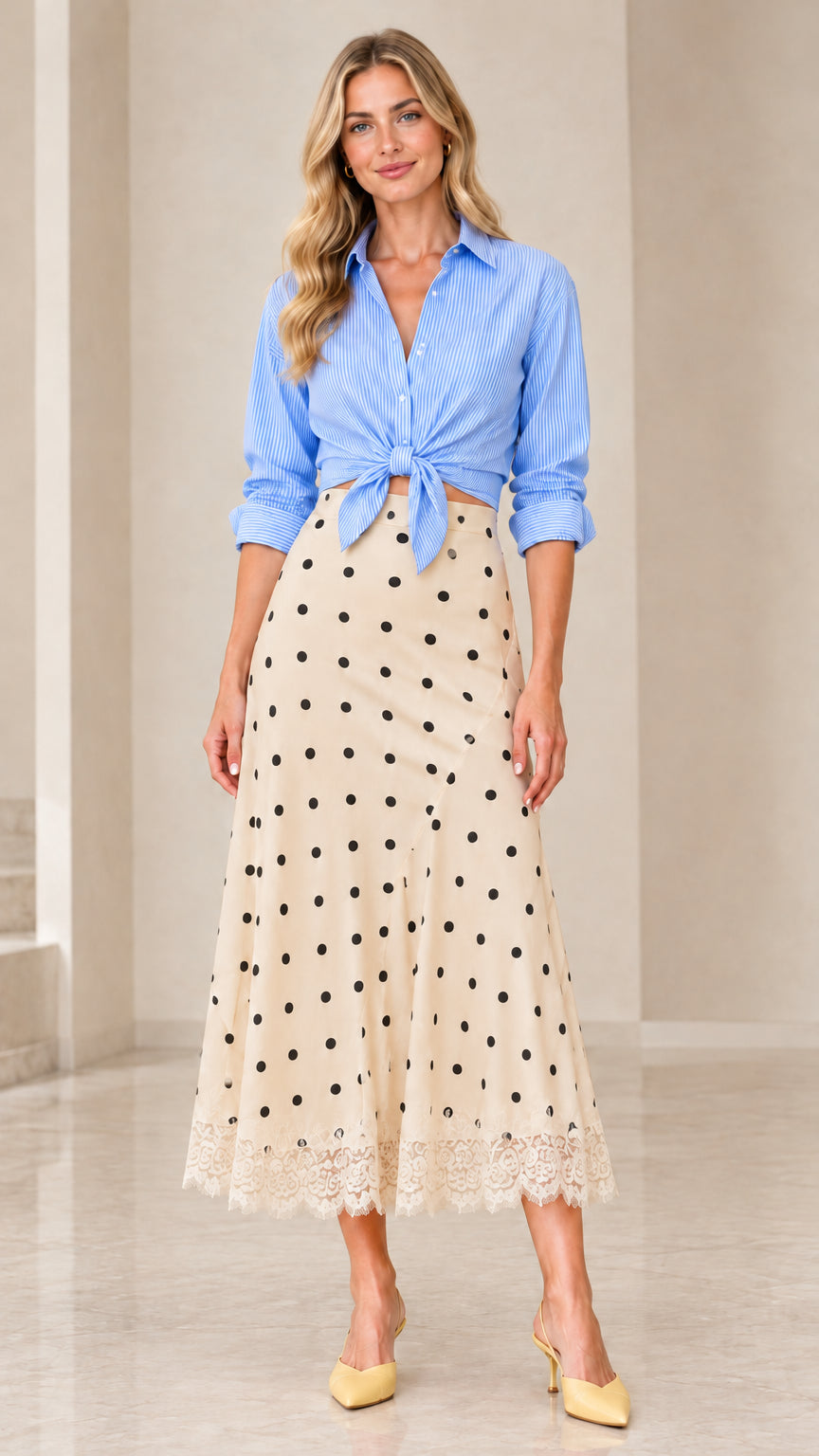 Blue striped tie-front shirt paired with beige polka dot midi skirt with lace trim
