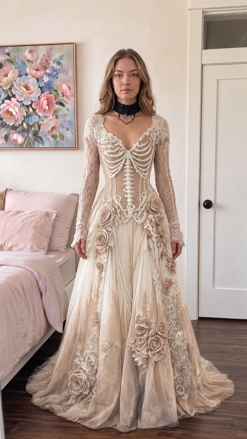 Front view of elegant Gothic ombre ball gown in champagne beige and cream with pearl beading