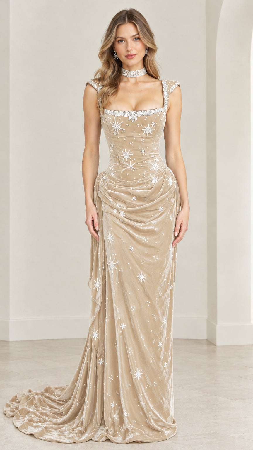 Full-length front view of celestial star velvet evening gown in champagne beige