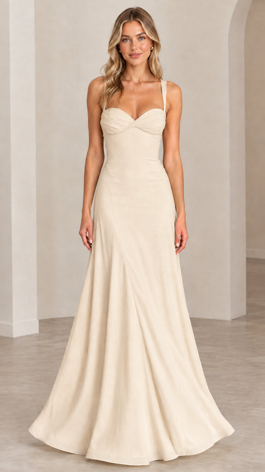 Full-length front view of the sweetheart corset maxi gown in light champagne cream