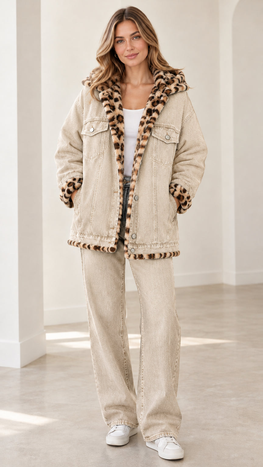 Model wearing beige cream hooded denim jacket with leopard lining and beige wide-leg jeans