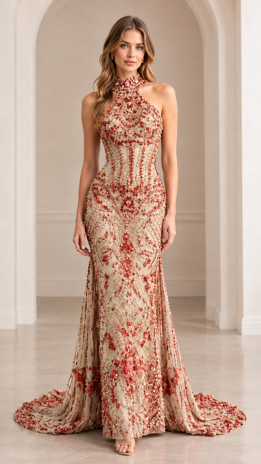 Front view of champagne nude and red embellished halter mermaid evening gown