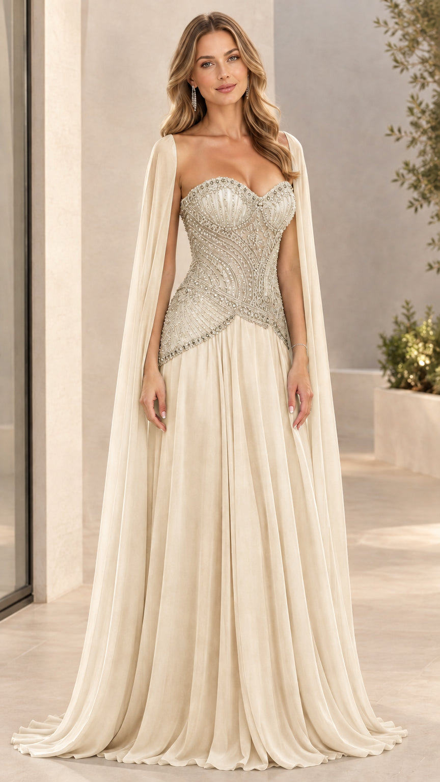 Full-length champagne beige beaded corset evening gown with cape sleeves