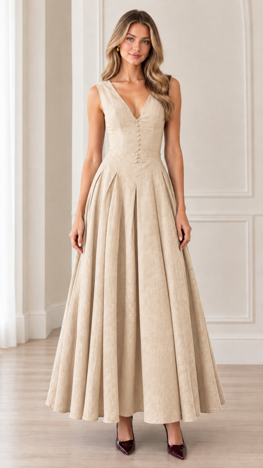 Front view of woman wearing sleeveless beige champagne V-neck button-front pleated maxi dress