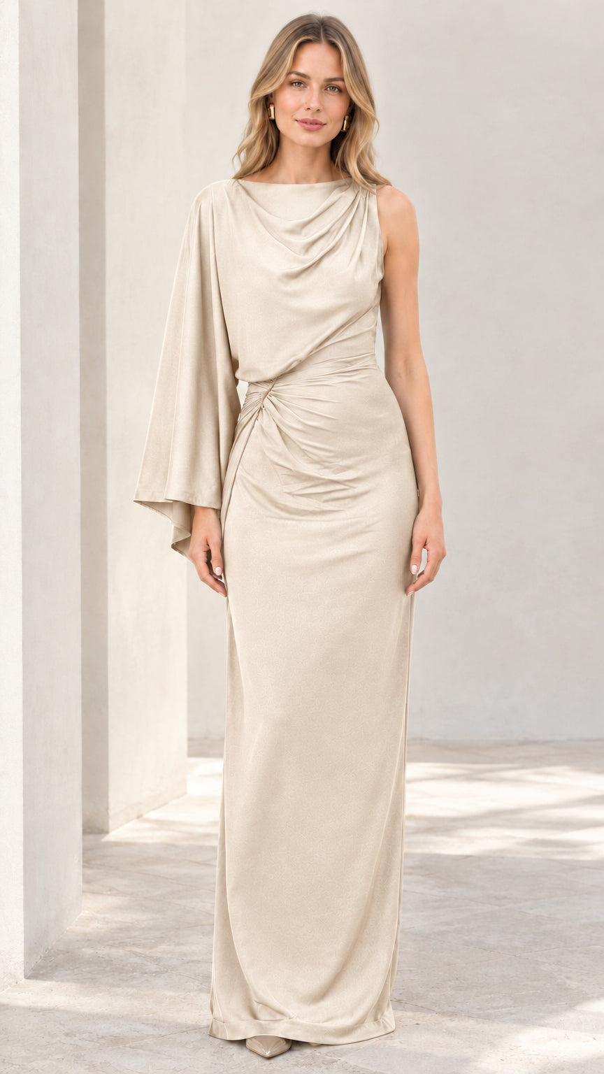 Champagne cream one-shoulder cape sleeve ruched maxi evening dress