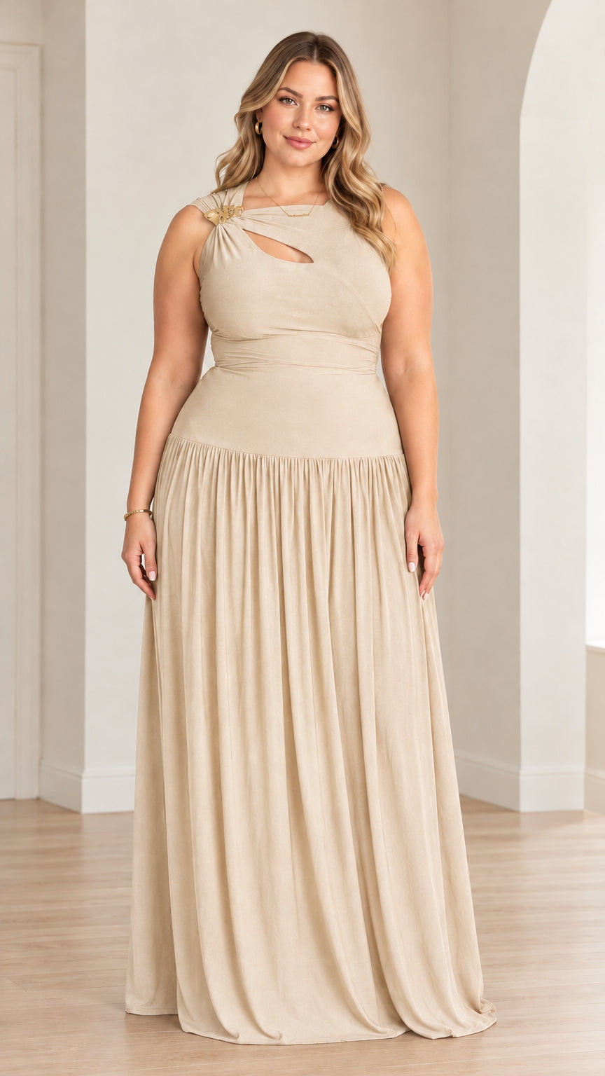 Full-length front view of model wearing champagne beige sleeveless cutout maxi dress