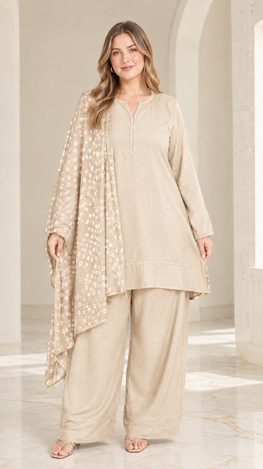 Front view of woman wearing beige 3-piece tunic top, wide-leg pants, and printed scarf set