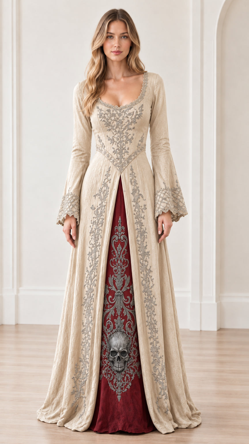 Front full-length view of woman wearing beige renaissance dress with red embroidered center panel