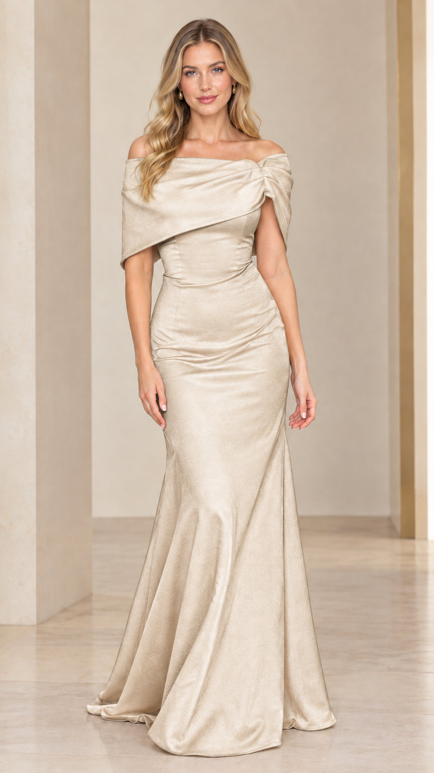Full-length front view of the champagne taupe off-the-shoulder draped evening gown