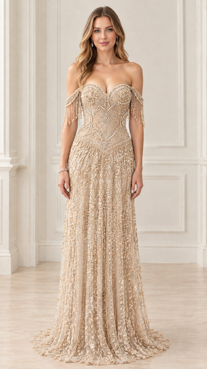 Full-length front view of champagne gold beaded formal evening dress