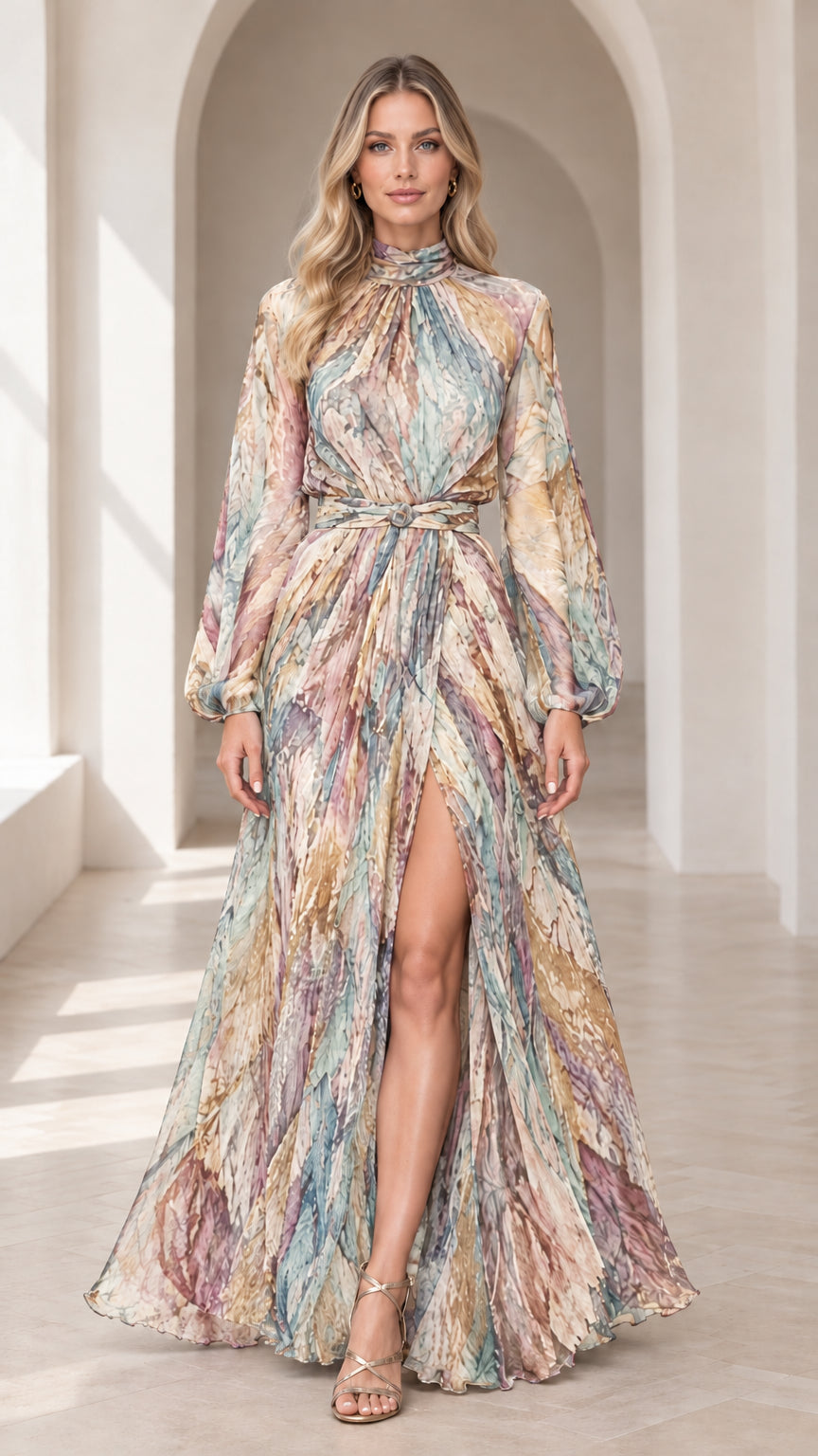 Front view of woman wearing champagne multicolor abstract print mock neck maxi dress