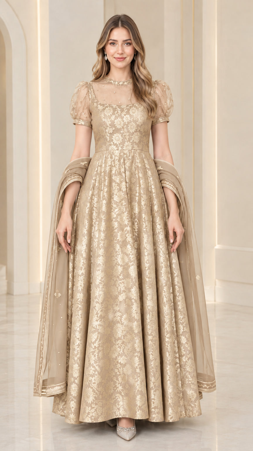 Champagne gold floral brocade floor-length gown with embellished illusion yoke and shawl