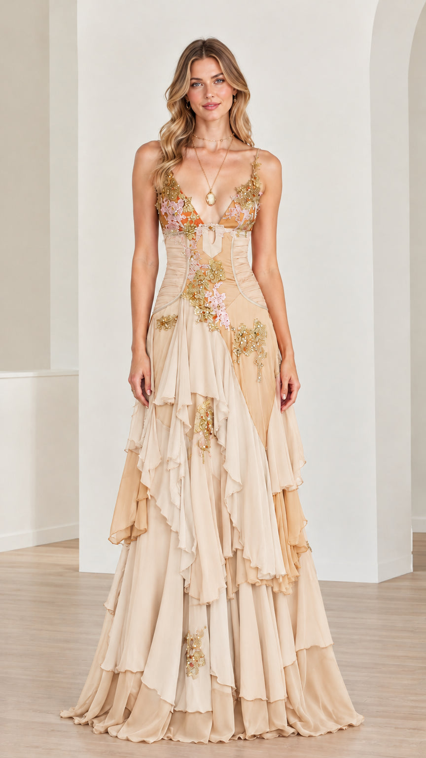 Front view of champagne beige embroidered tiered ruffle formal gown