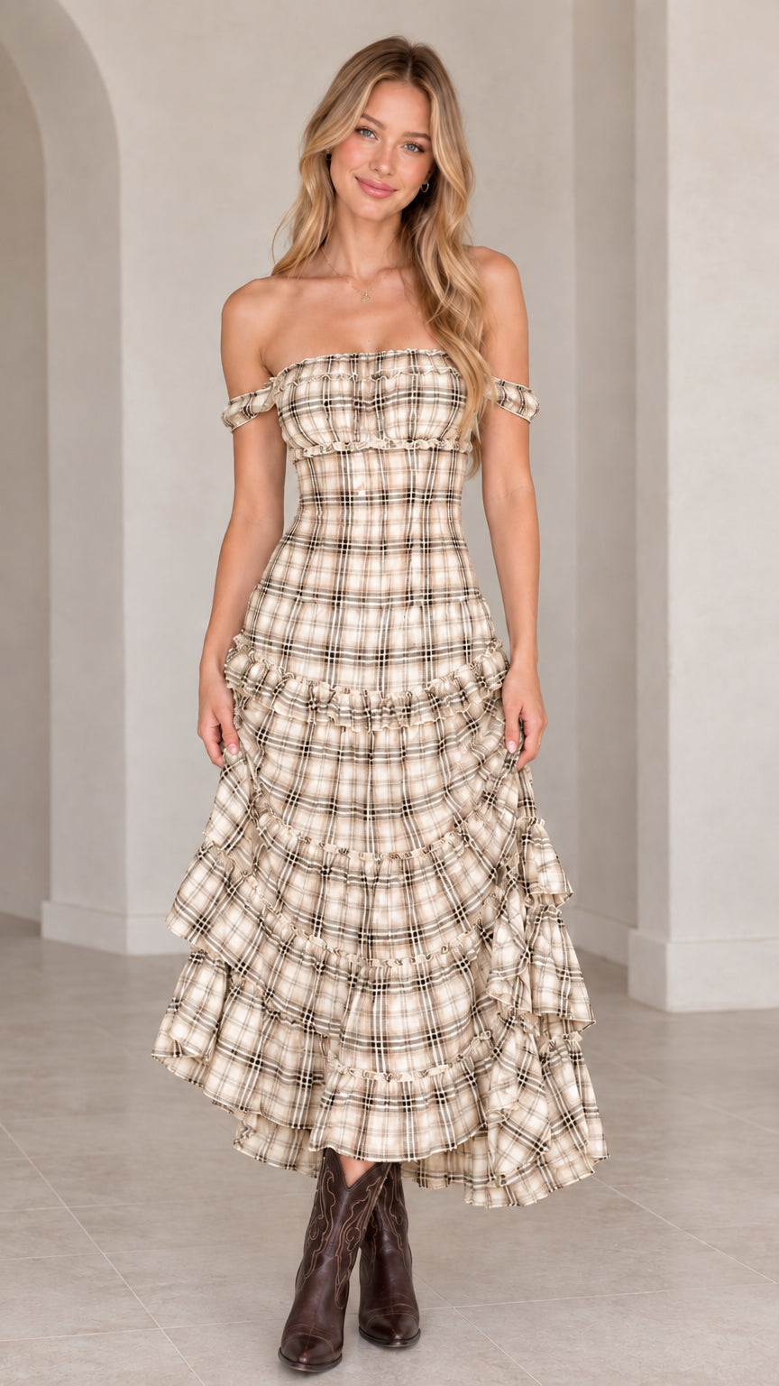 Model wearing beige tan plaid off-the-shoulder tiered maxi dress