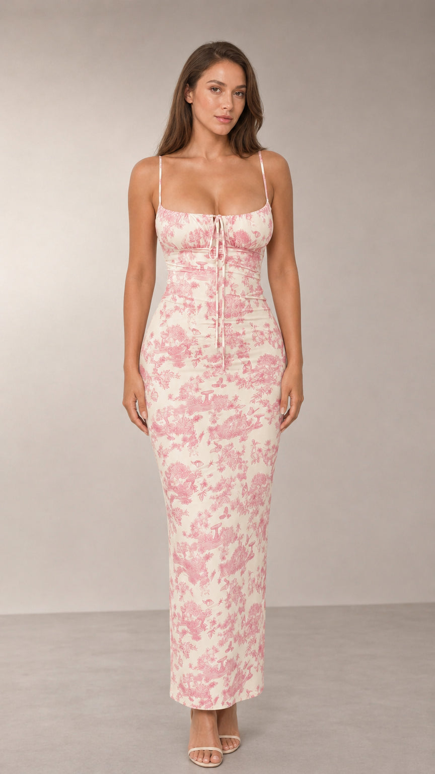 Full-length front view of cream and pink toile print maxi dress