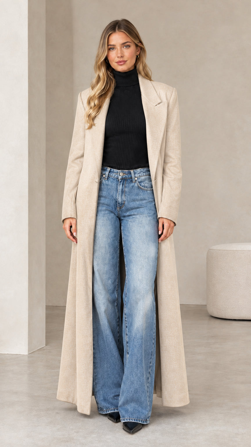 Front view of woman wearing beige floor-length tailored maxi coat