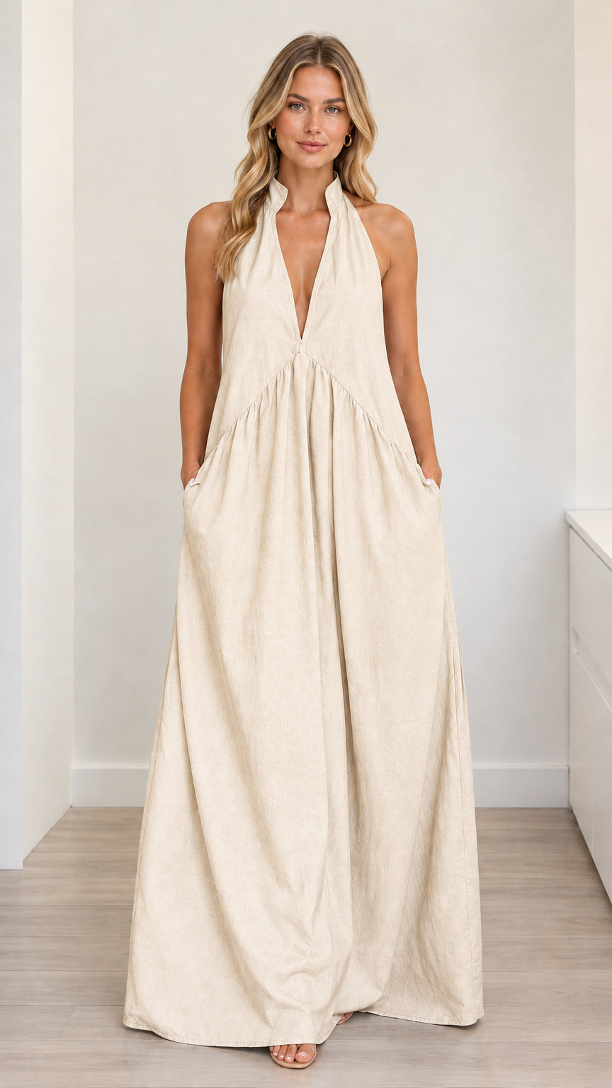 Beige cream off-white halter V-neck maxi dress front view with side pockets
