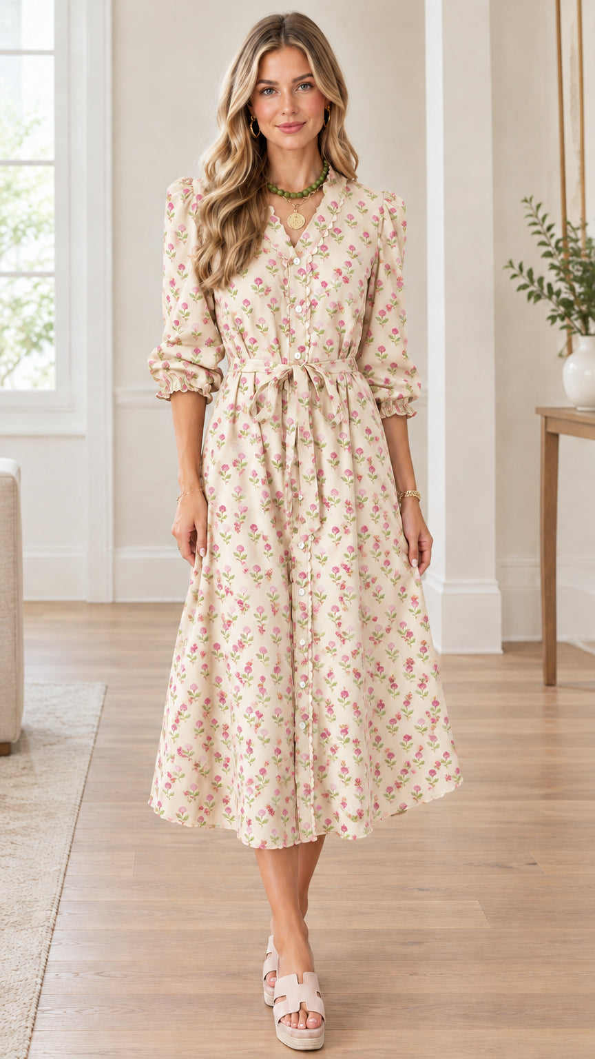 Full front view of model wearing cream floral print button-front midi dress