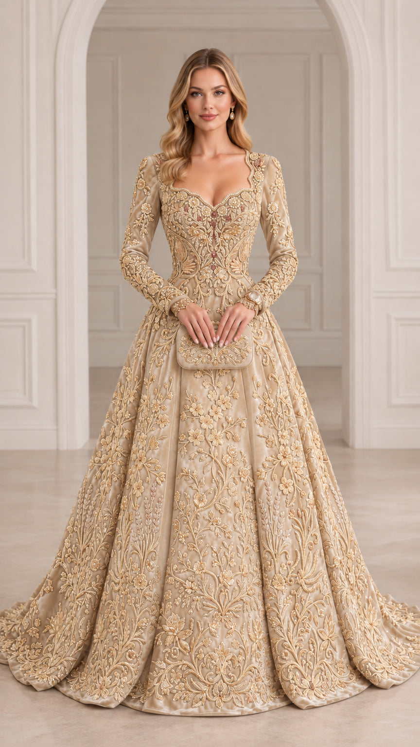 Champagne beige gold embroidered floor-length formal evening gown