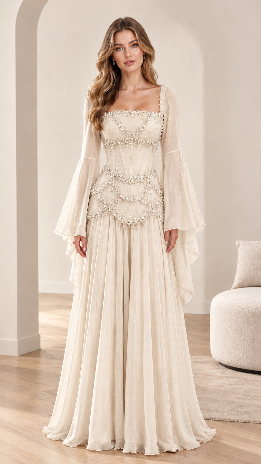 Model wearing champagne cream pearl-embellished maxi gown with sweeping bell sleeves