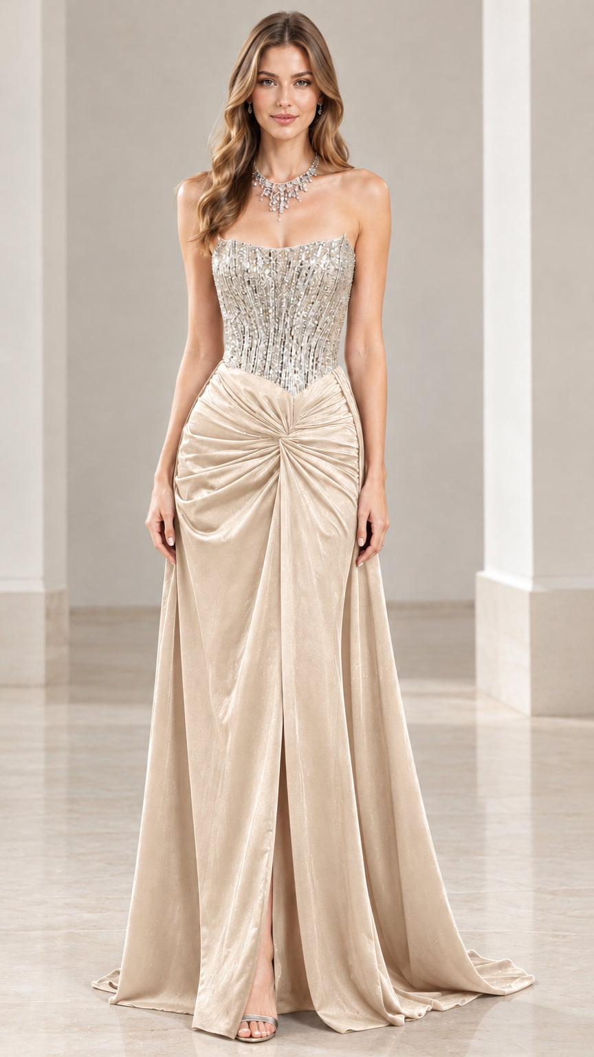Champagne beige strapless evening gown with sparkling bodice and front slit