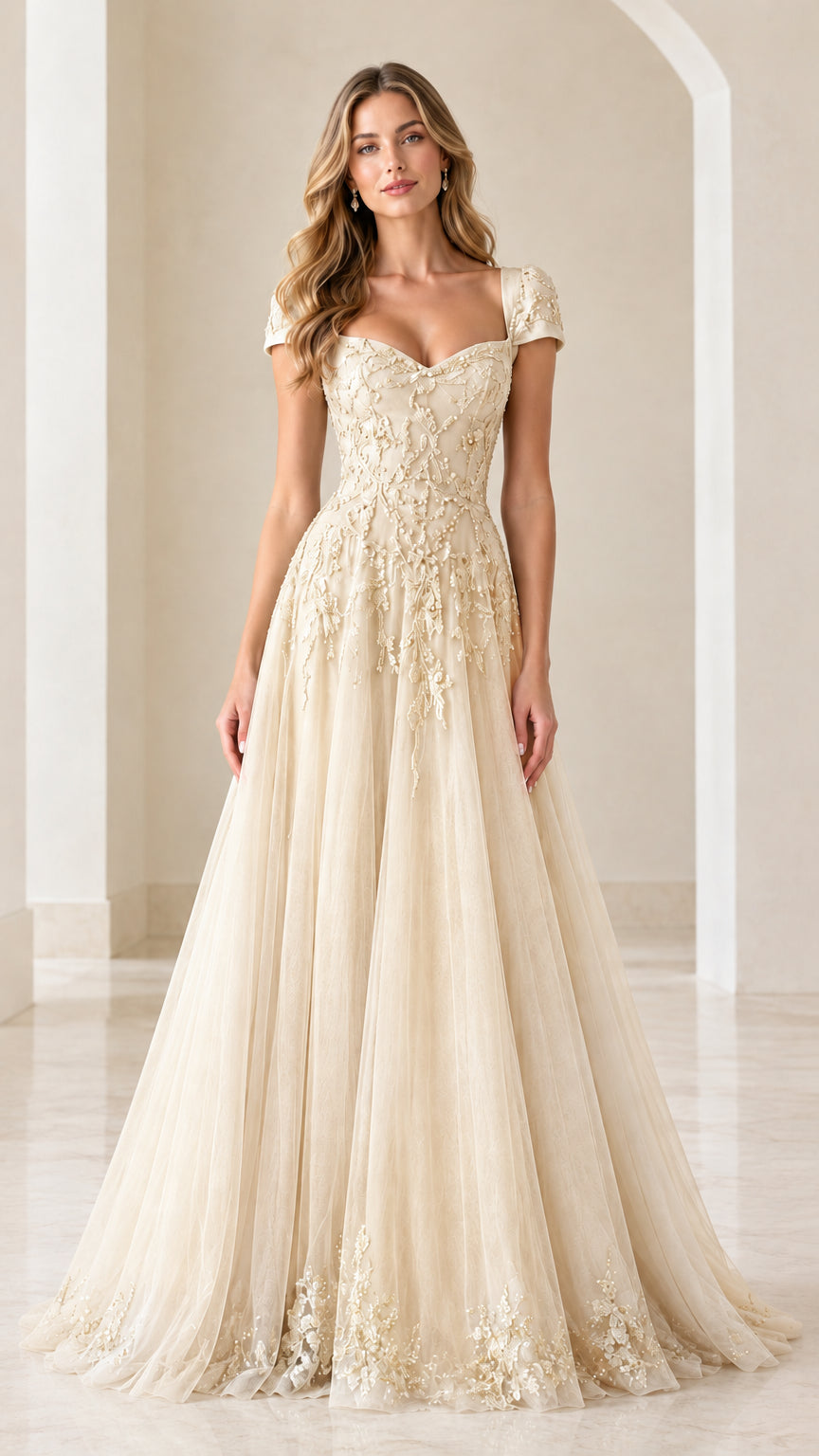 Champagne ivory floral embroidered tulle A-line evening gown