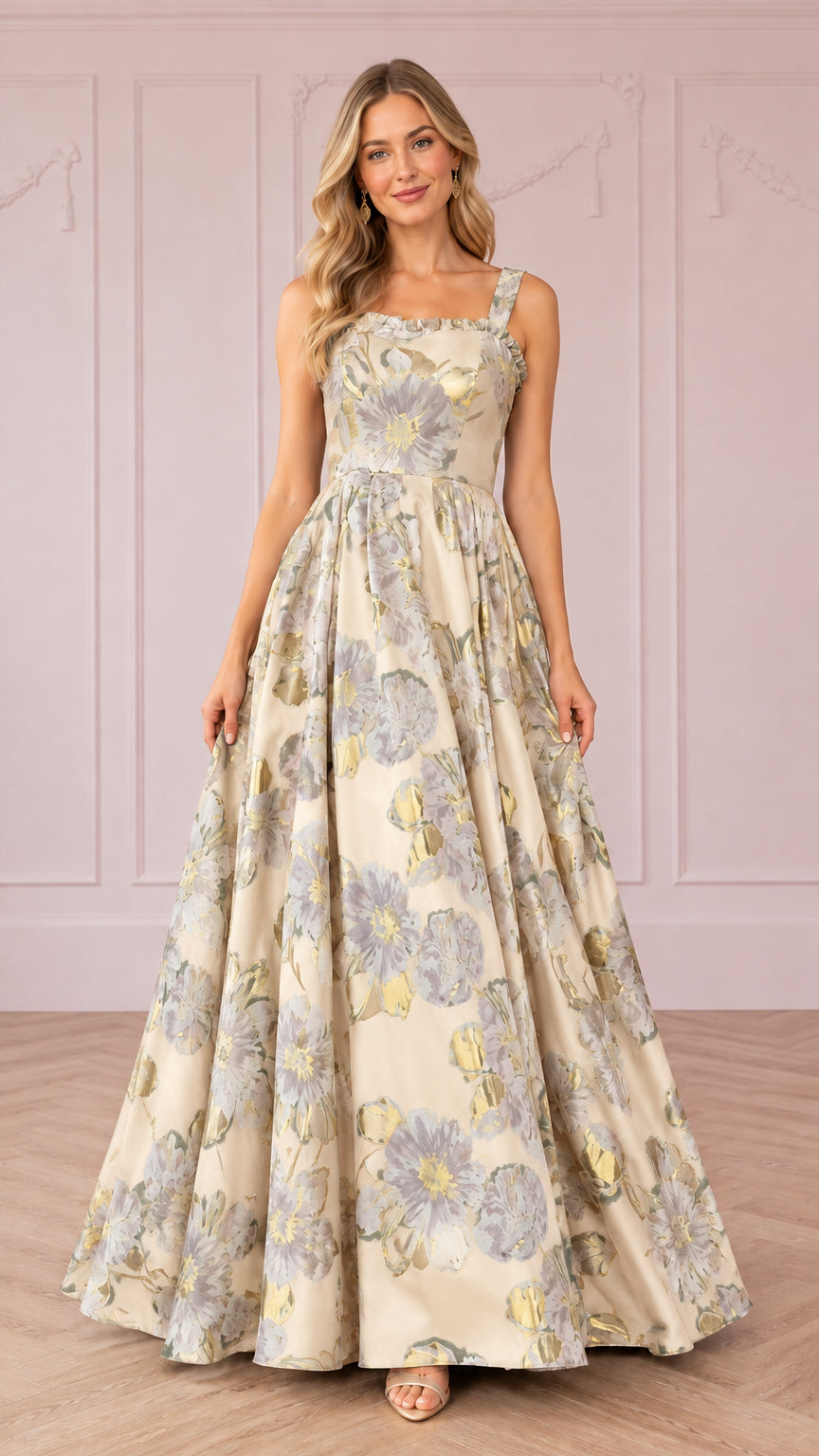 Front view of champagne cream floral jacquard sleeveless A-line evening gown
