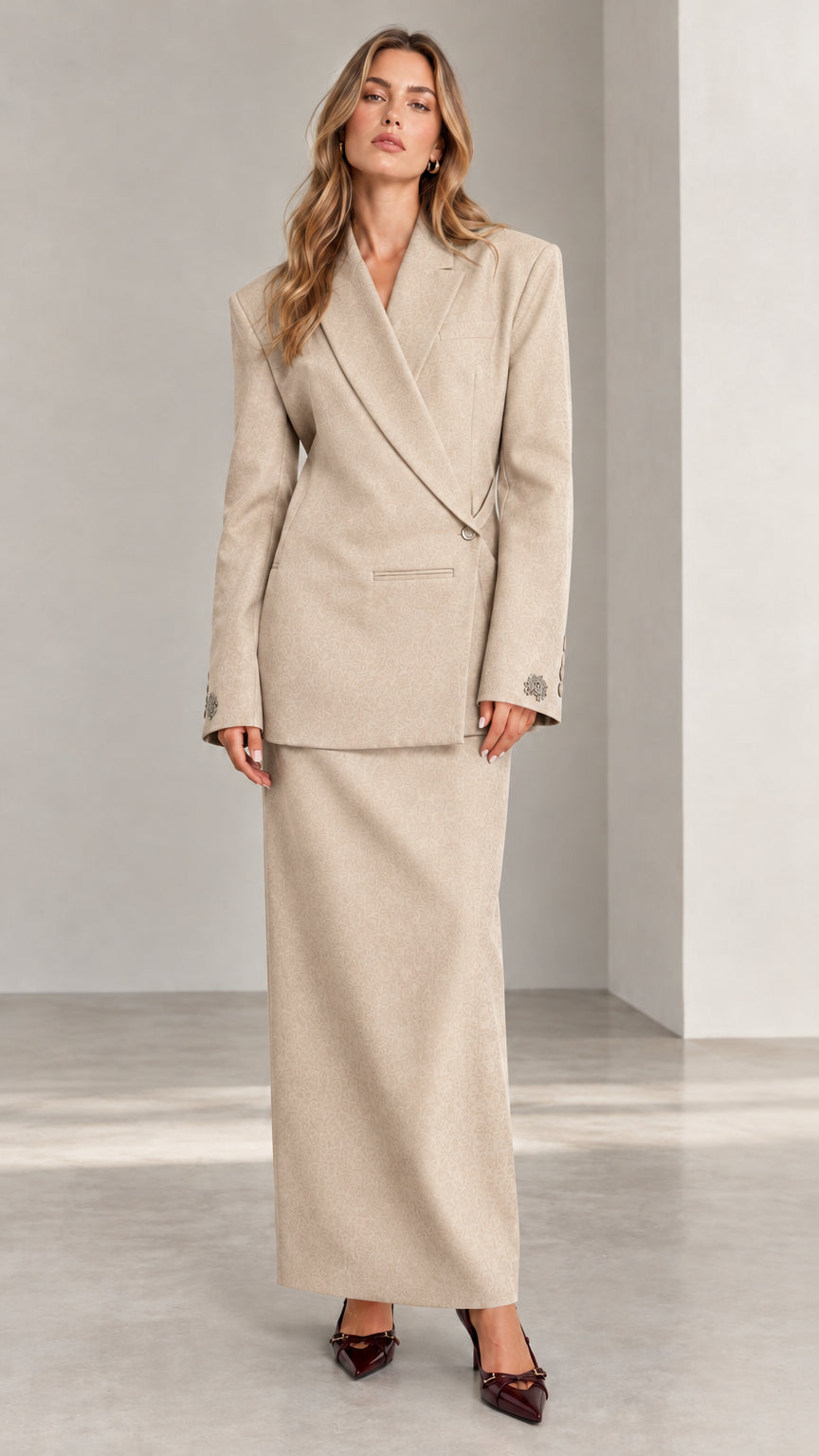 Full front view of Beige tailored wrap blazer and maxi column skirt two-piece set