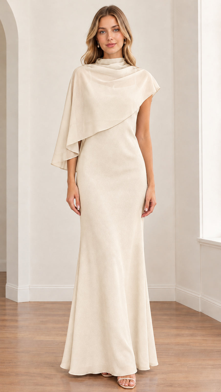 Front view of model wearing the champagne cream capelet high-neck evening maxi gown
