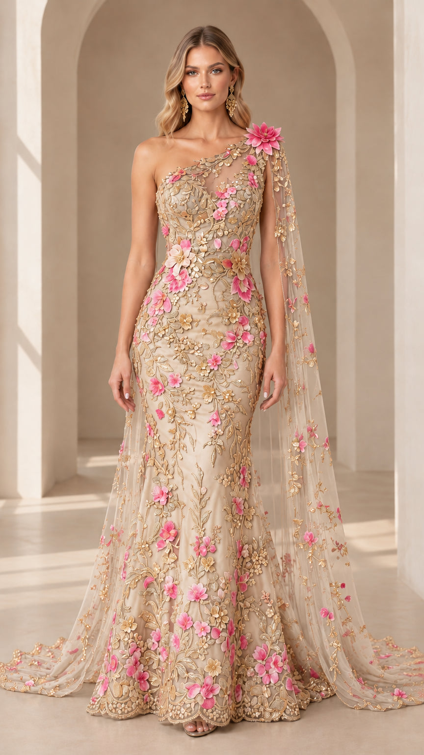 Full-length front view of champagne gold one-shoulder evening gown with delicate floral embroidery and cape