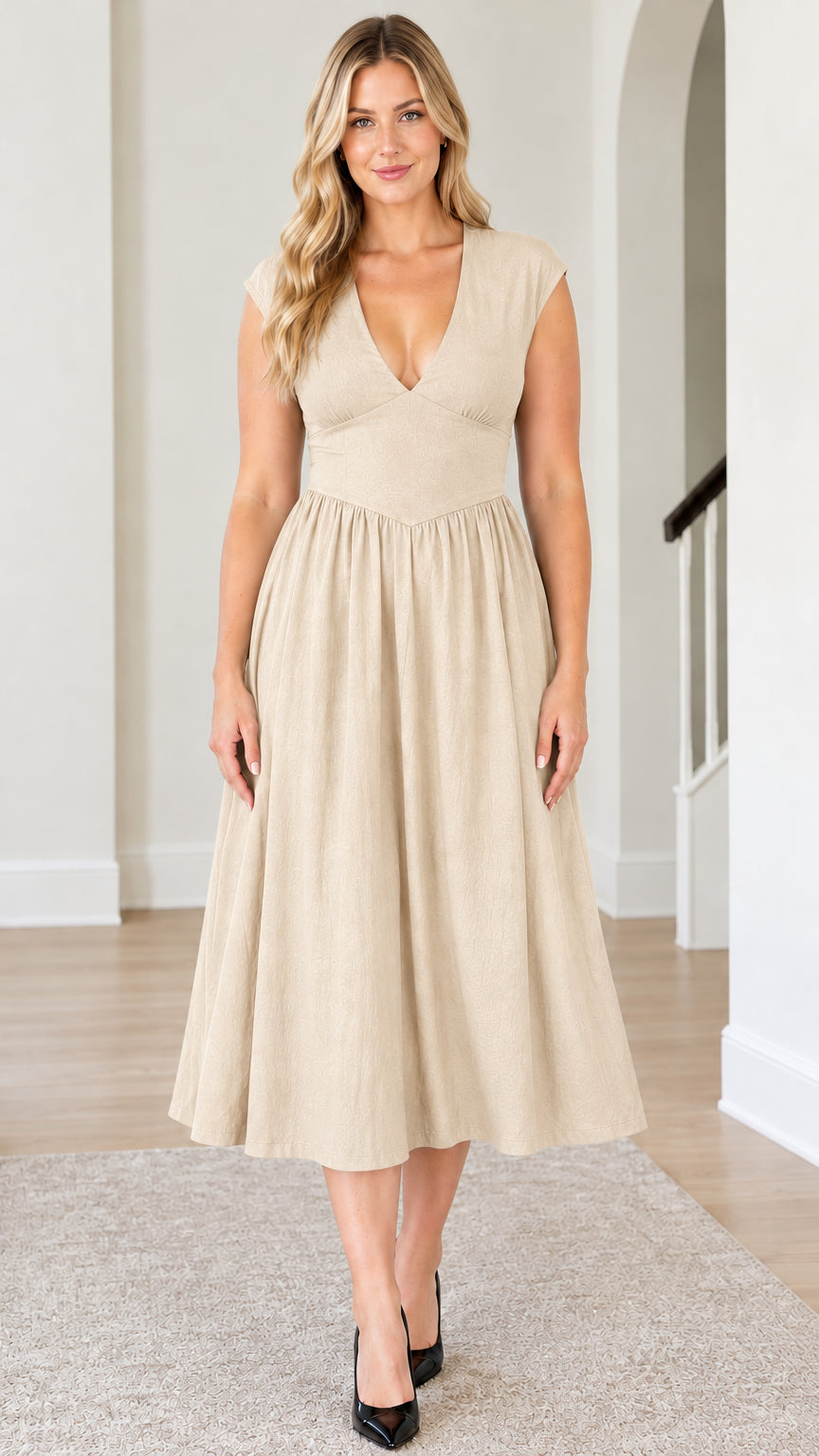 Front view of model wearing Beige champagne deep V-neck A-line midi dress