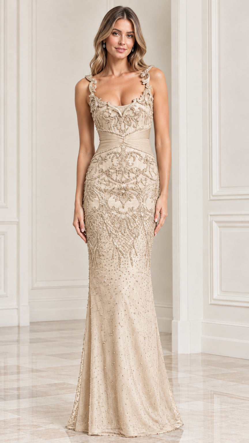 Champagne beaded mermaid evening dress with appliqué straps