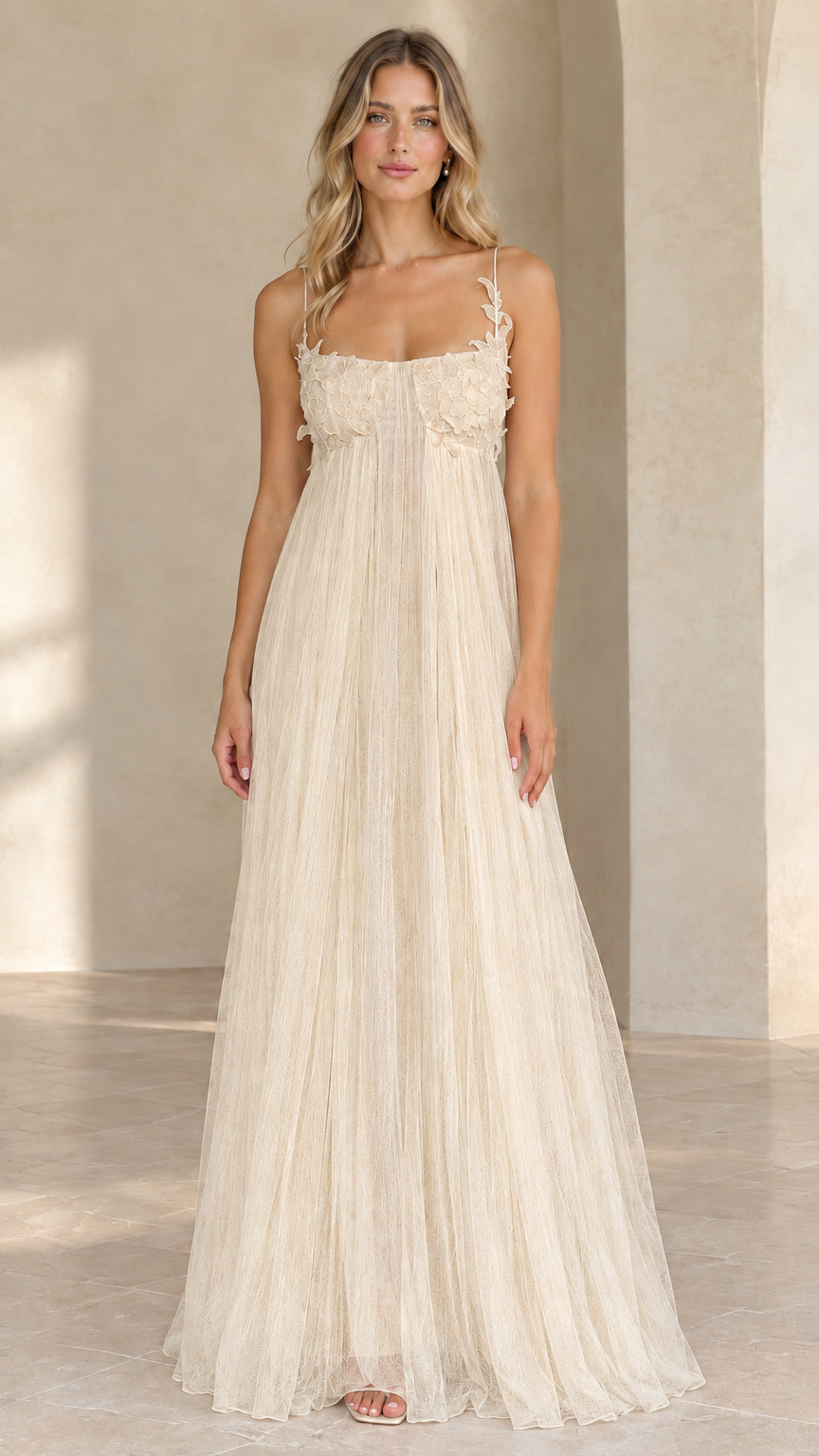 Full length view of champagne neutral pleated tulle formal evening dress